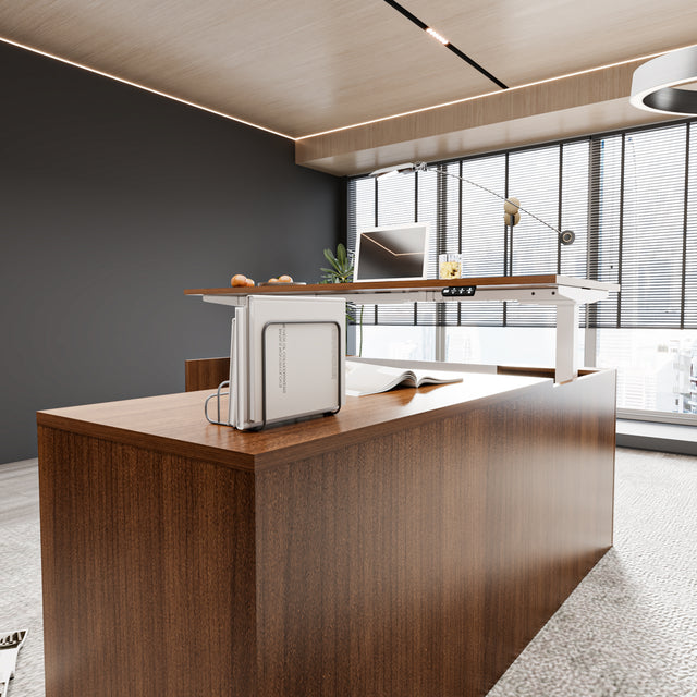 Height Adjustable L-Shaped Executive Standing Desk with Dual Motor Lift System, Programmable Memory Controller, and Lockable 3-Drawer Pedestal