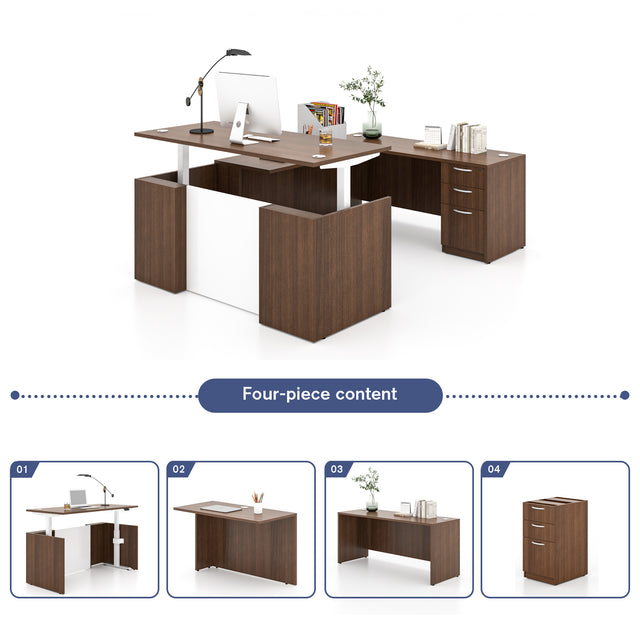 U-Shaped Adjustable Height Executive Standing Desk with Electric Dual Motor Lift, 3-Drawer Locking Pedestal, and Reversible Bridge