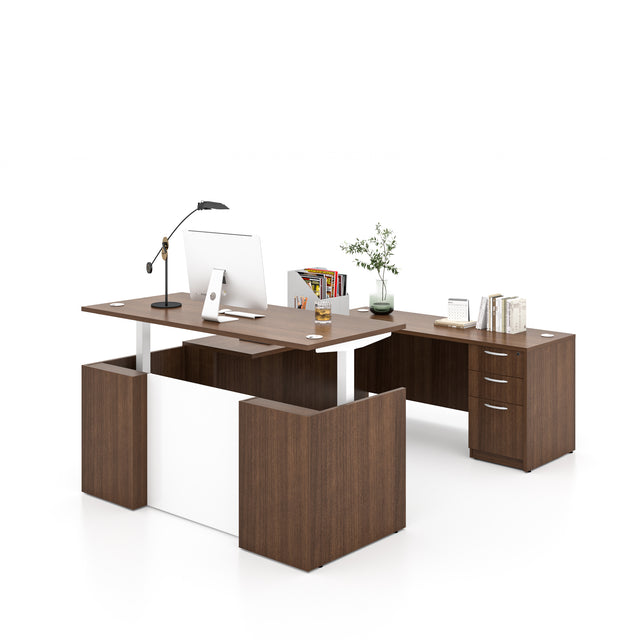 U-Shaped Adjustable Height Executive Standing Desk with Electric Dual Motor Lift, 3-Drawer Locking Pedestal, and Reversible Bridge
