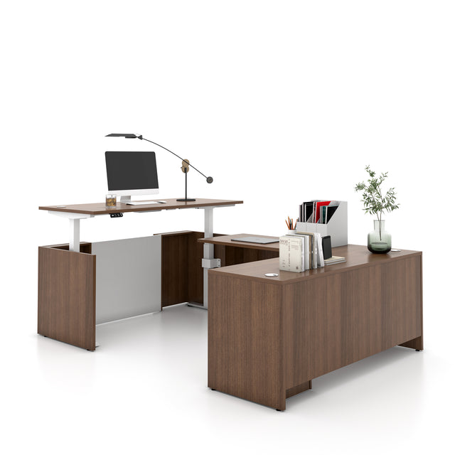 U-Shaped Adjustable Height Executive Standing Desk with Electric Dual Motor Lift, 3-Drawer Locking Pedestal, and Reversible Bridge