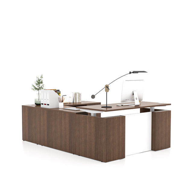 U-Shaped Adjustable Height Executive Standing Desk with Electric Dual Motor Lift, 3-Drawer Locking Pedestal, and Reversible Bridge