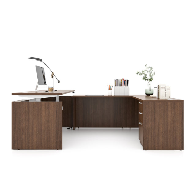 U-Shaped Adjustable Height Executive Standing Desk with Electric Dual Motor Lift, 3-Drawer Locking Pedestal, and Reversible Bridge