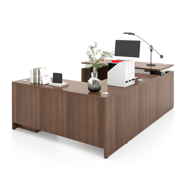 U-Shaped Adjustable Height Executive Standing Desk with Electric Dual Motor Lift, 3-Drawer Locking Pedestal, and Reversible Bridge