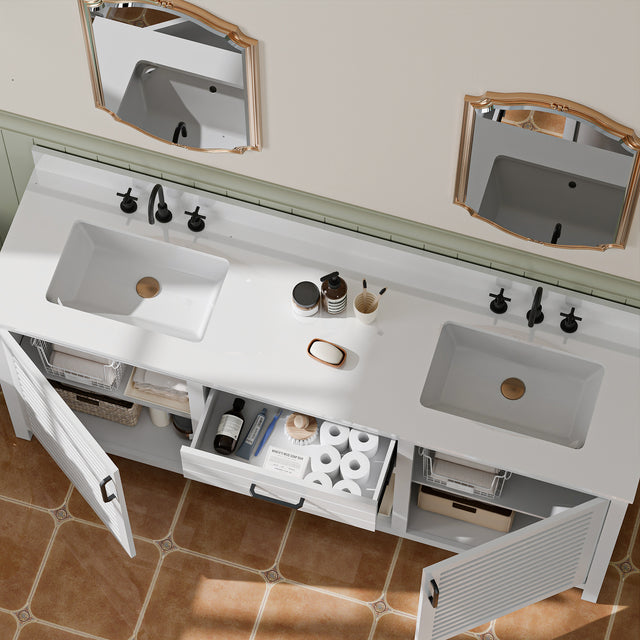 72-Inch Fully Assembled Double Sink Bathroom Vanity with Quartz Countertop & cUPC Ceramic Sinks | Modern White Freestanding Vanity Cabinet