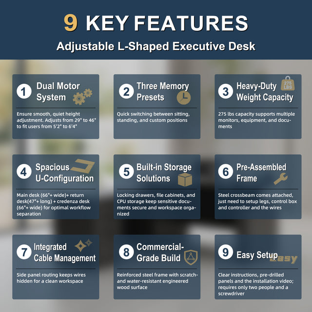 GINO Collection | 76.77'' Height Adjustable L-Shaped Executive Desk with Pre-Assembled Frame, Drawers and Shelves