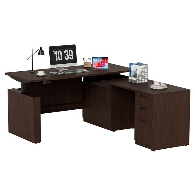 GINO Collection | 76.77'' Height Adjustable L-Shaped Executive Desk with Pre-Assembled Frame, Drawers and Shelves