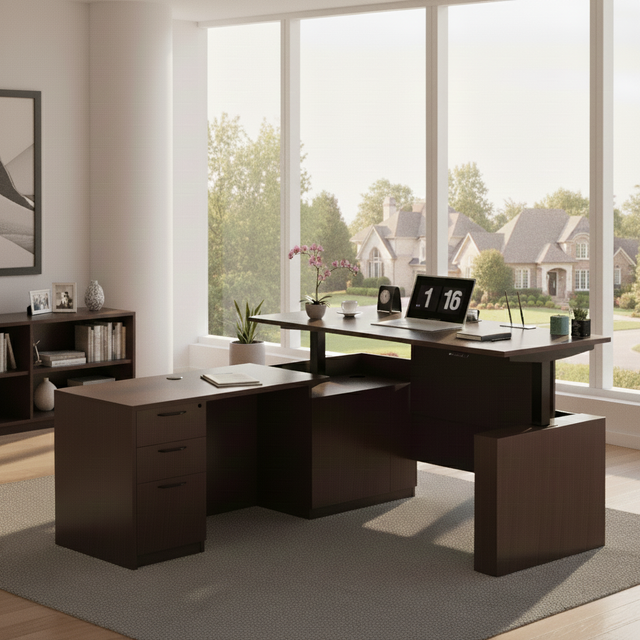 GINO Collection | 76.77'' Height Adjustable L-Shaped Executive Desk with Pre-Assembled Frame, Drawers and Shelves