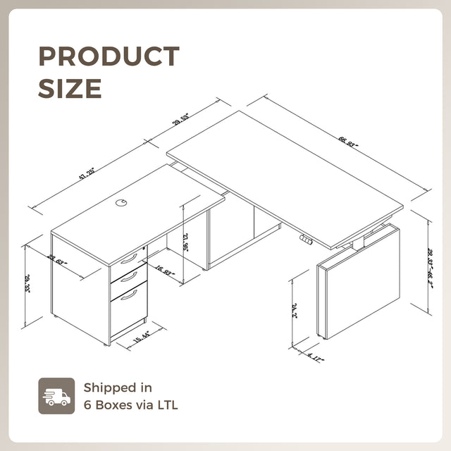 GINO Collection | 76.77'' Height Adjustable L-Shaped Executive Desk with Pre-Assembled Frame, Drawers and Shelves