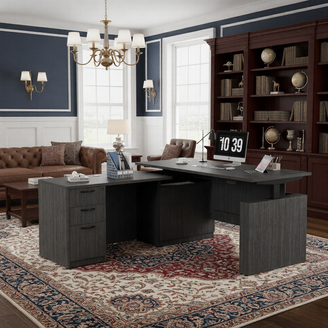 GINO Collection | 76.77'' Height Adjustable L-Shaped Executive Desk with Pre-Assembled Frame, Drawers and Shelves