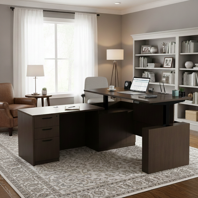GINO Collection | 76.77'' Height Adjustable L-Shaped Executive Desk with Pre-Assembled Frame, Drawers and Shelves