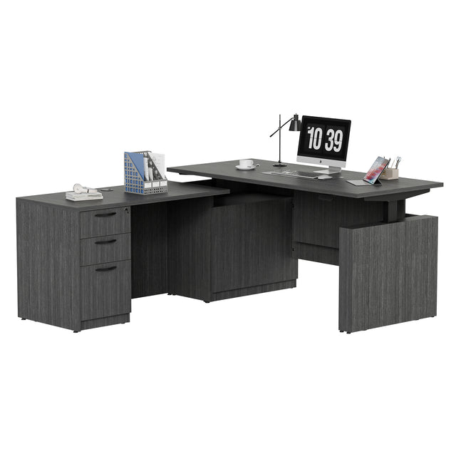 GINO Collection | 76.77'' Height Adjustable L-Shaped Executive Desk with Pre-Assembled Frame, Drawers and Shelves