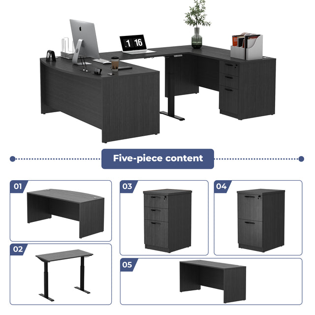 GINO Collection | Executive Office Desk with Height Adjustable Standing Desk with 2 File Cabint | Gray | 5 piece set 2205