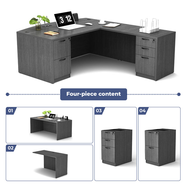 GINO Collection | 67" W L Shape Executive Office Desk with Two File Cabint - Gray | 4 piece set 2205