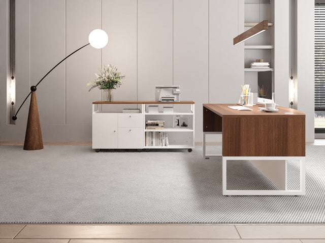Modern L-Shaped Executive Desk with Mobile File Cabinet and Bookcase