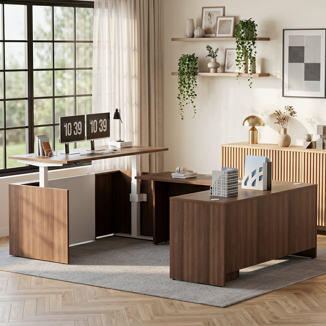 U-Shaped Adjustable Height Executive Standing Desk with Electric Dual Motor Lift, 3-Drawer Locking Pedestal, and Reversible Bridge