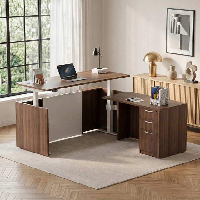 Height Adjustable L-Shaped Executive Standing Desk with Dual Motor Lift System, Programmable Memory Controller, and Lockable 3-Drawer Pedestal