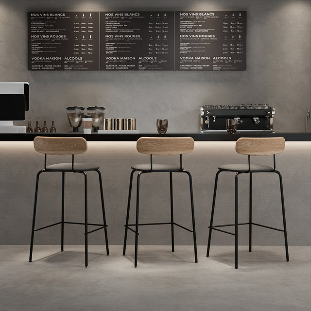 ALFA Modern Counter Height Bar Stool with Ash Wood Backrest & Steel Frame | Upholstered Seat, Footrest & Stackable Design | Fully Assembled Scandinavian Bar Chair for Kitchen, Café, or Lounge