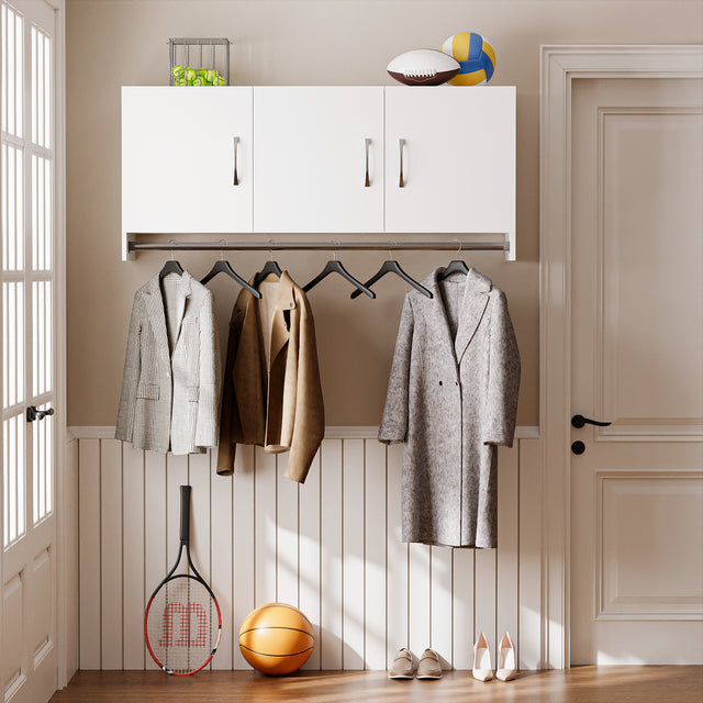 54”Wall Mounted Cabinet with Hanging Rod | 3-Door Storage Cabinet with Adjustable Shelf, Hanging Storage Cupboard for Laundry Room, Mudroom, Garage, Kitchen
