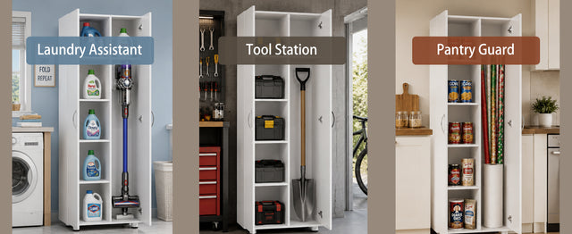 75" H Asymmetrical Home Storage Cabinet with Adjustable Shelves and Extra Compartment