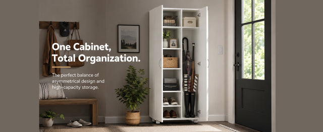 75" H Asymmetrical Home Storage Cabinet with Adjustable Shelves and Extra Compartment