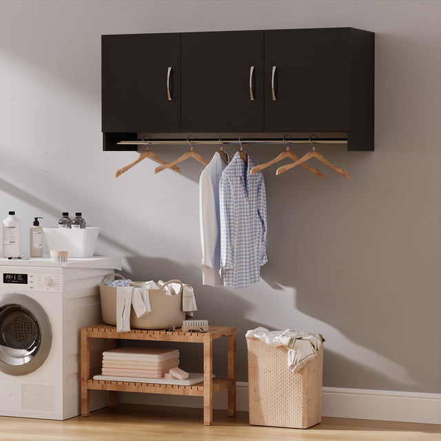 54”Wall Mounted Cabinet with Hanging Rod | 3-Door Storage Cabinet with Adjustable Shelf, Hanging Storage Cupboard for Laundry Room, Mudroom, Garage, Kitchen