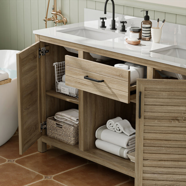 60-Inch Double Sink Bathroom Vanity, Fully Assembled, with Quartz Countertop & cUPC Ceramic Sinks | Wood Grain Finish Vanity Cabinet for Family Bathrooms