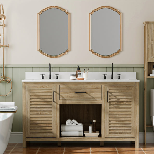 60-Inch Double Sink Bathroom Vanity, Fully Assembled, with Quartz Countertop & cUPC Ceramic Sinks | Wood Grain Finish Vanity Cabinet for Family Bathrooms