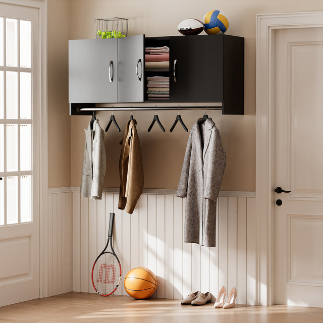 54”Wall Mounted Cabinet with Hanging Rod | 3-Door Storage Cabinet with Adjustable Shelf, Hanging Storage Cupboard for Laundry Room, Mudroom, Garage, Kitchen