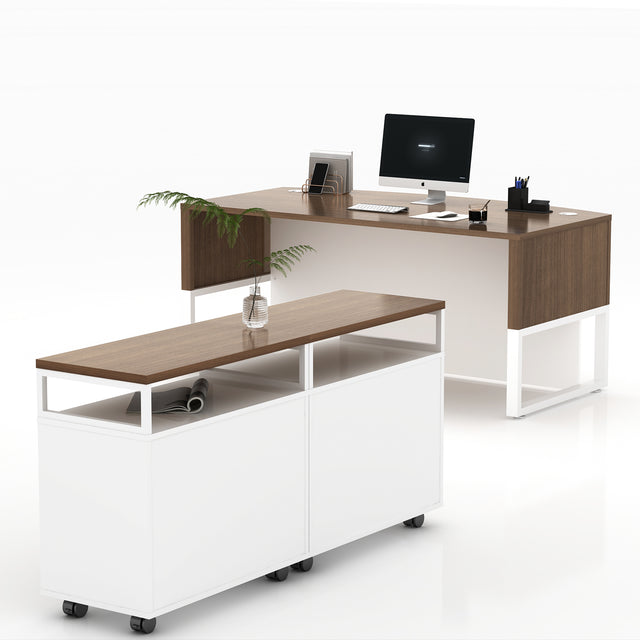 67” Wide L-Shaped Executive Desk With Bow Front Desk Mobile Filing Storage Cabinet And Bookcase
