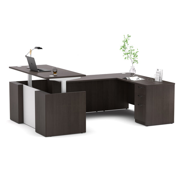 U-Shaped Adjustable Height Executive Standing Desk with Electric Dual Motor Lift, 3-Drawer Locking Pedestal, and Reversible Bridge