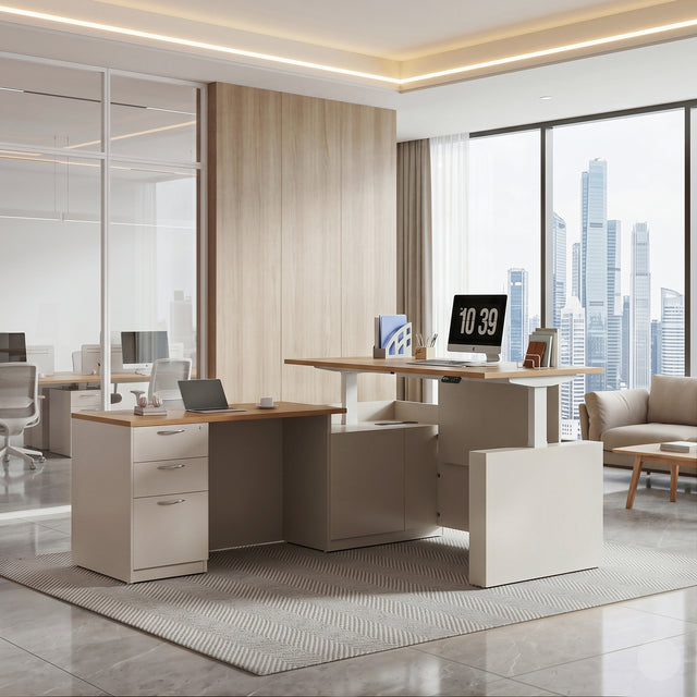 67" L-Shaped Executive Standing Desk – Brushless Dual Motor, Pre-Assembled Frame & Lockable Storage