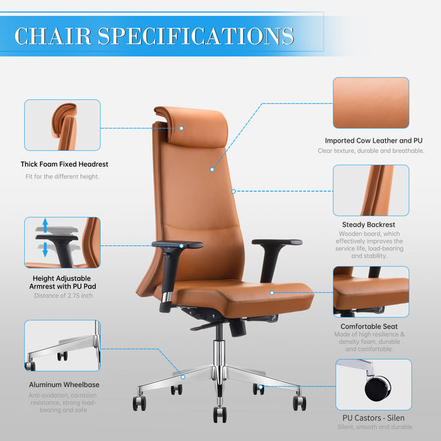 ALFA Ergonomic Executive Leather Office Desk Chair with Head Rest, Height adjustable armrest, Tilt and Lumbar Support, Navy blue, Light Brown