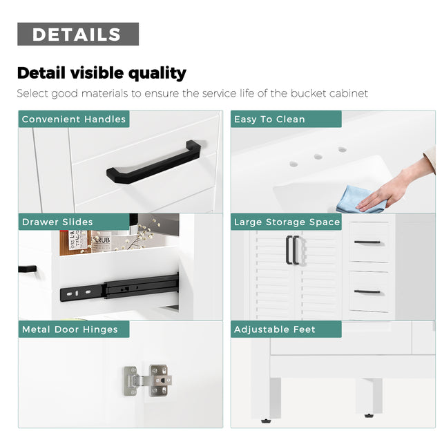 42"W Freestanding Single Bathroom Vanity With White Quartz Countertop And Louvered Doors, Pre-Assembled