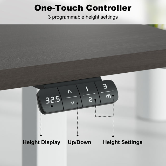 One-touch controller for adjustable desk with height display and settings.