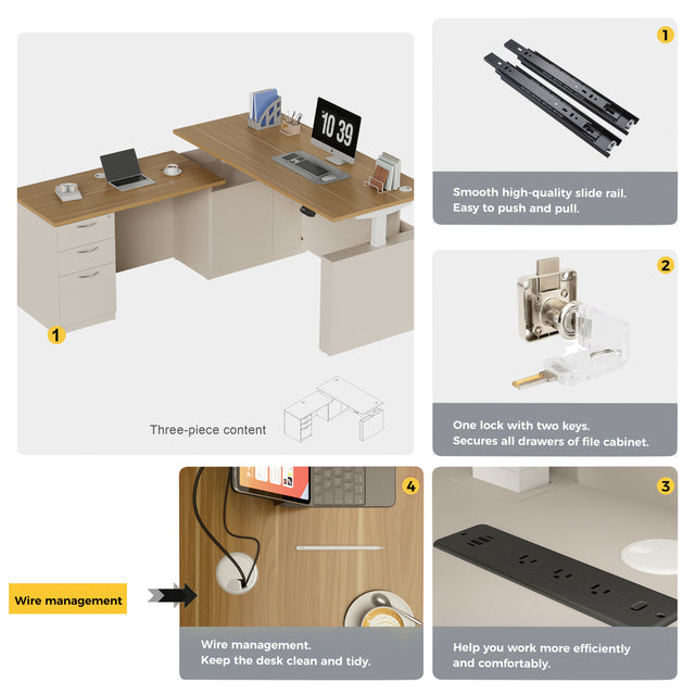 67" L-Shaped Executive Standing Desk – Brushless Dual Motor, Pre-Assembled Frame & Lockable Storage