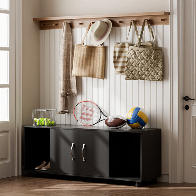 2-Door Storage TV Stand with Open Cubbies for Living Roomor Bedroom | Shoe Organizer Bench for Entryway