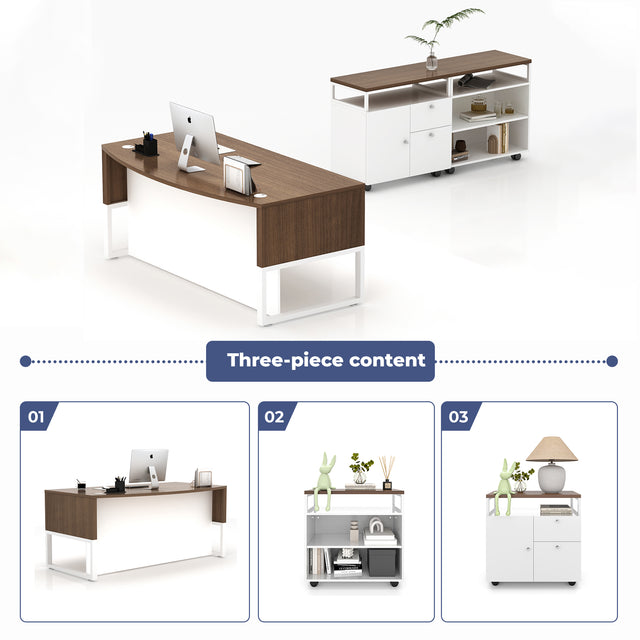 67” Wide L-Shaped Executive Desk With Bow Front Desk Mobile Filing Storage Cabinet And Bookcase