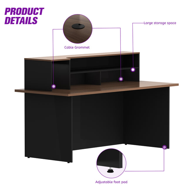 ALFA Rectangle Manufactured Wood Reception Desk with Open Shelves — 71" Wide Front Desk with Cable Management and Privacy Panel