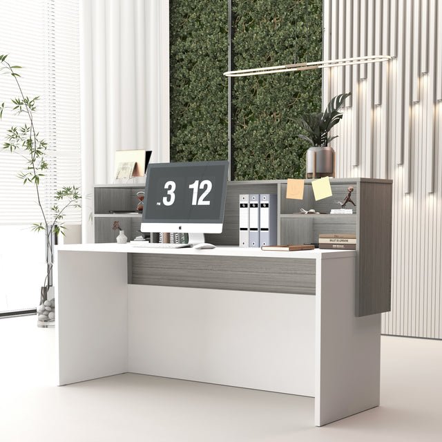 ALFA Modern Manufactured Wood Reception Desk with Open Shelves and Cable Management, 64” Front Office Desk with Privacy Partition & Adjustable Feet