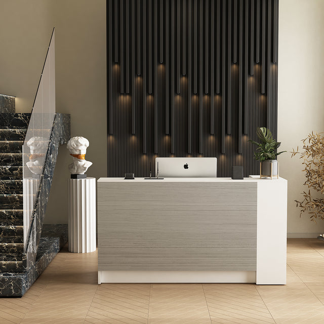 ALFA Modern Manufactured Wood Reception Desk with Filing Cabinet and Privacy Panel – White & Gray Front Office Counter