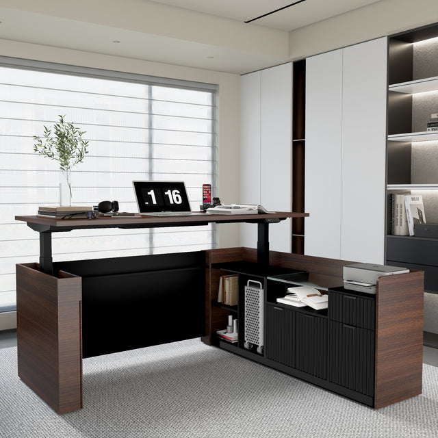 70.9”L-Shape Executive Standing Desk, Snap-Lock &Built-In Power Outlet, Brushless Motor, Smart Controller, Cable Management, Privacy Panel, Movable Cabinet, Home & Corporate Office