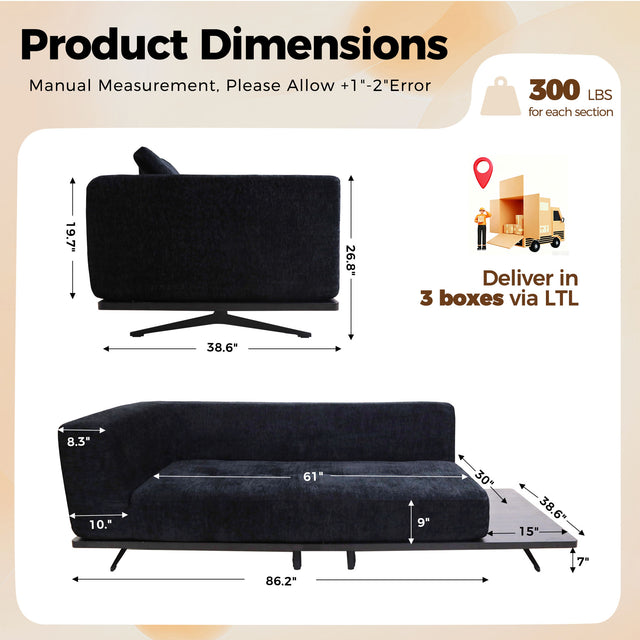 101" Boneless Couch with Raised Base, Deep Seat Cloud Sofa, Easy Clean,Modular Boneless Couch with Raised Platform Base