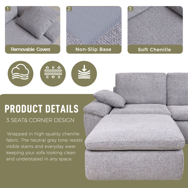 119" L-Shaped Sectional Boneless Couch, Cloud Modular Sofa No Assembly