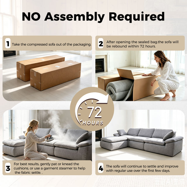119" L-Shaped Sectional Boneless Couch, Cloud Modular Sofa No Assembly