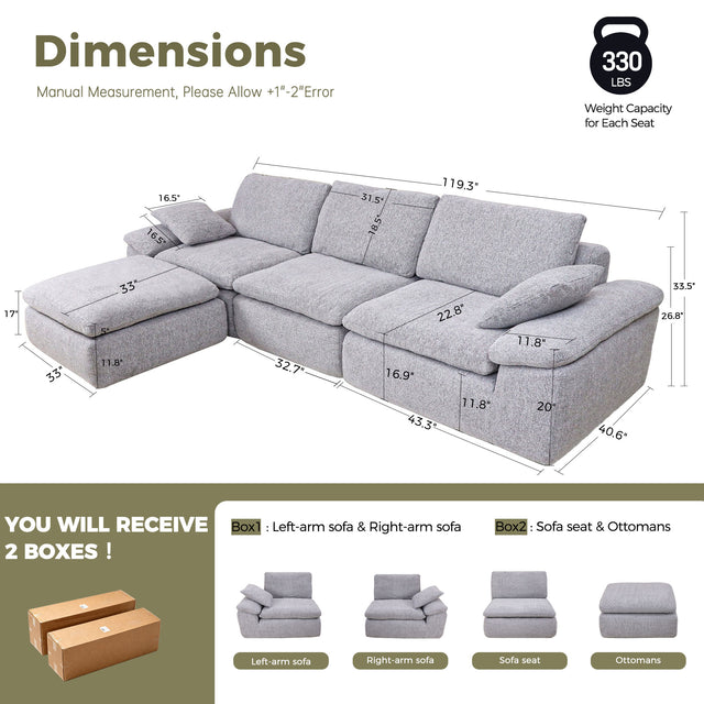 119" L-Shaped Sectional Boneless Couch, Cloud Modular Sofa No Assembly