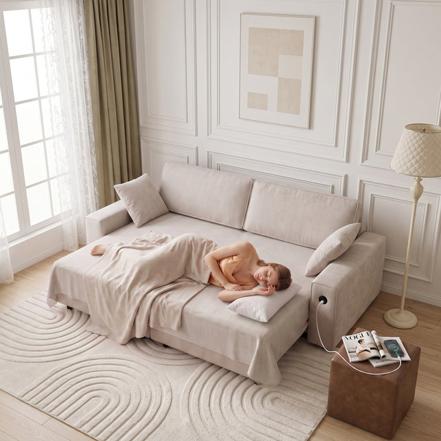 94" 3-in-1 Pull-Out Sleeper Sofa Bed for Living Room, Chenille Beige