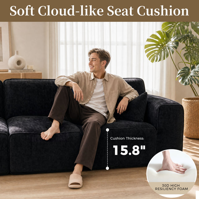 95" Boneless Modular Sectional Couch, Deep Seat Cloud Sofa No Assembly Black Chenille Modular Couch with 24.8" Deep Seat, 30D Solid Foam Core, 2 Washable Pillows, 2-3 Seater Living Room Sofa