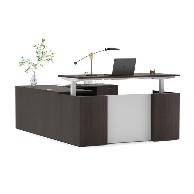 U-Shaped Adjustable Height Executive Standing Desk with Electric Dual Motor Lift, 3-Drawer Locking Pedestal, and Reversible Bridge