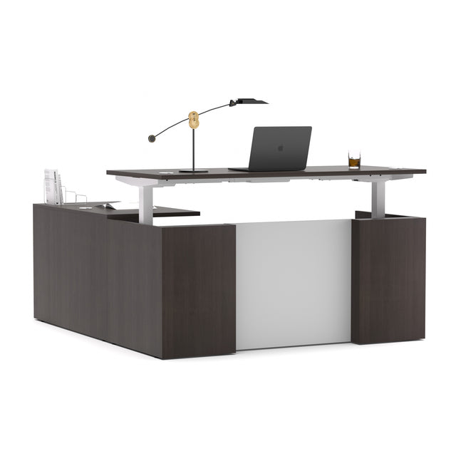 Height Adjustable L-Shaped Executive Standing Desk with Dual Motor Lift System, Programmable Memory Controller, and Lockable 3-Drawer Pedestal