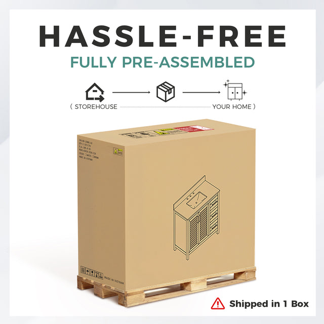 42"W Freestanding Single Bathroom Vanity With White Quartz Countertop And Louvered Doors, Pre-Assembled